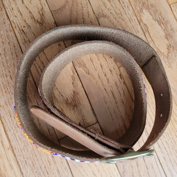 Lucky Brand Multi Embroidered Aztec Boho 100% Leather Belt Brown - Picture 3 of 16